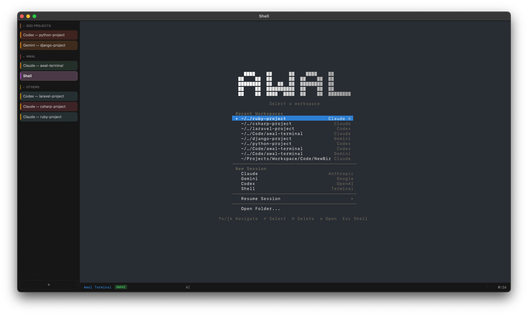 Awal Terminal — Workspace selector with tab sidebar