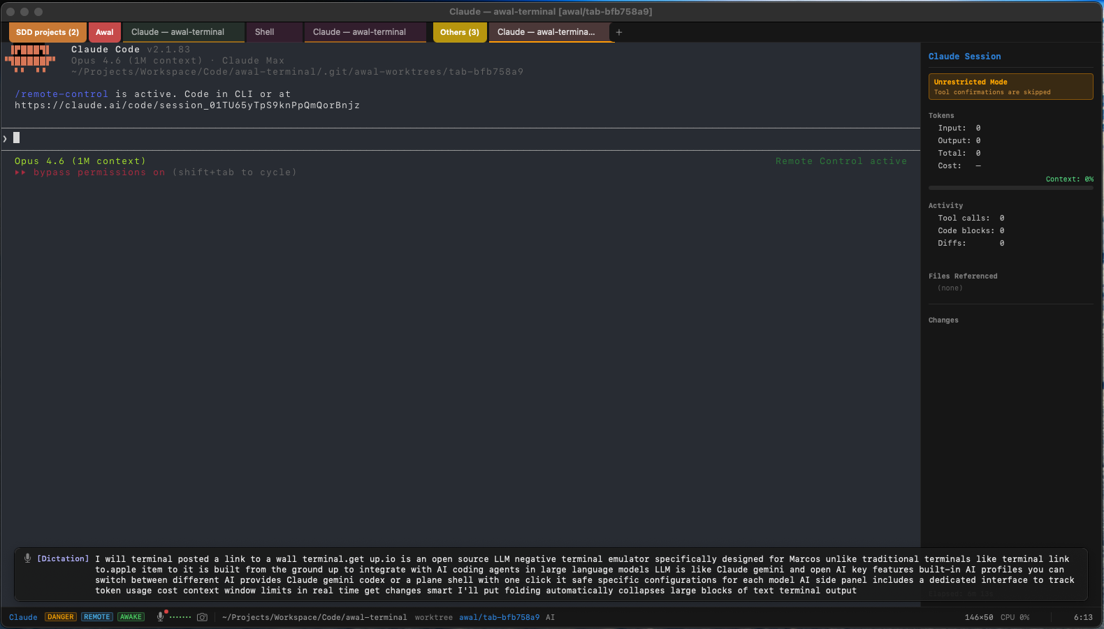 Awal Terminal — Horizontal tab bar with tab groups