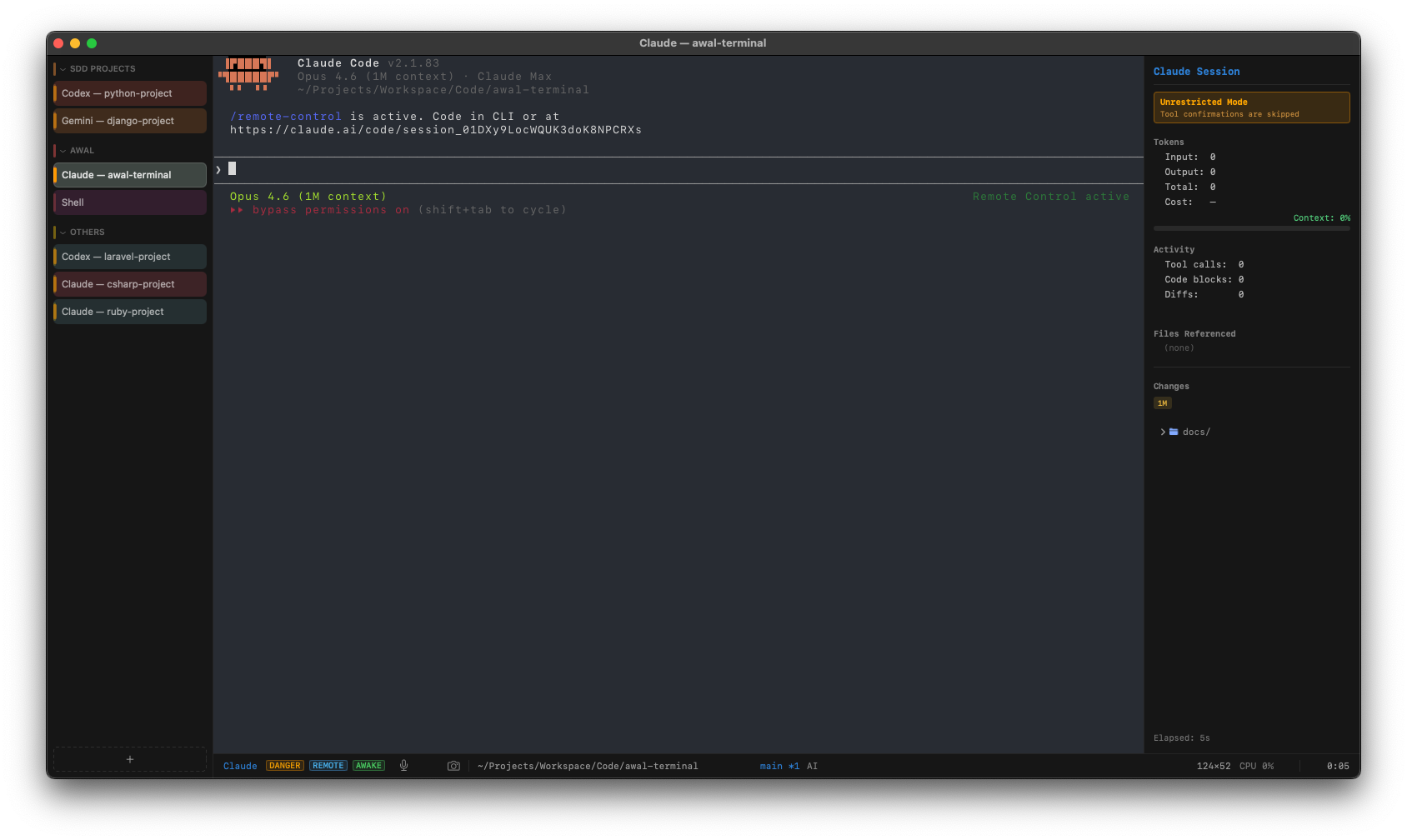 Awal Terminal — Claude session with AI side panel
