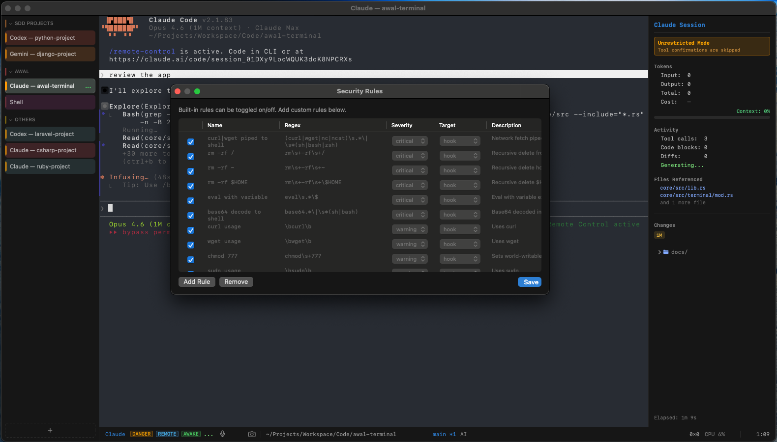 Awal Terminal — Security Rules editor