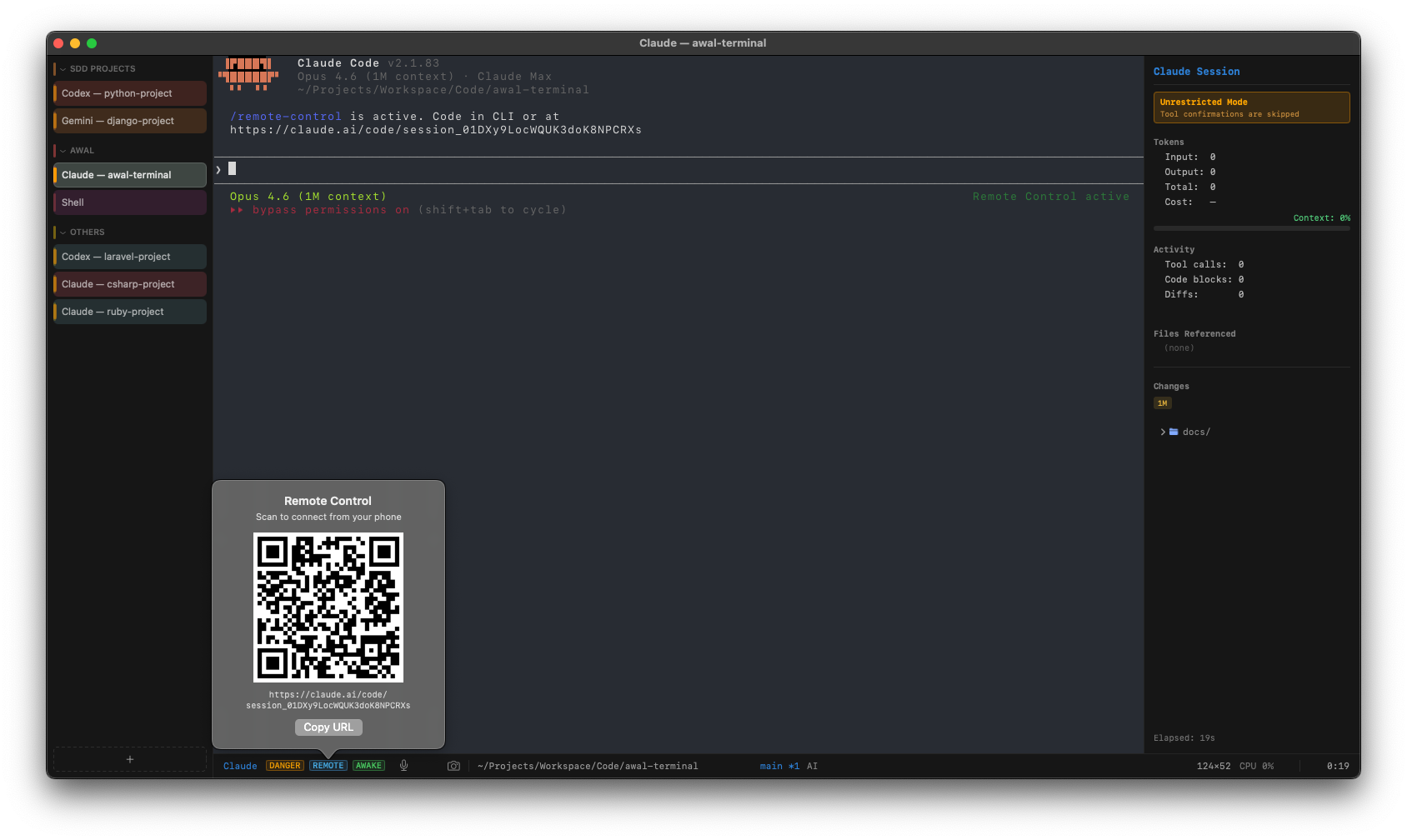 Awal Terminal — Remote Control with QR code