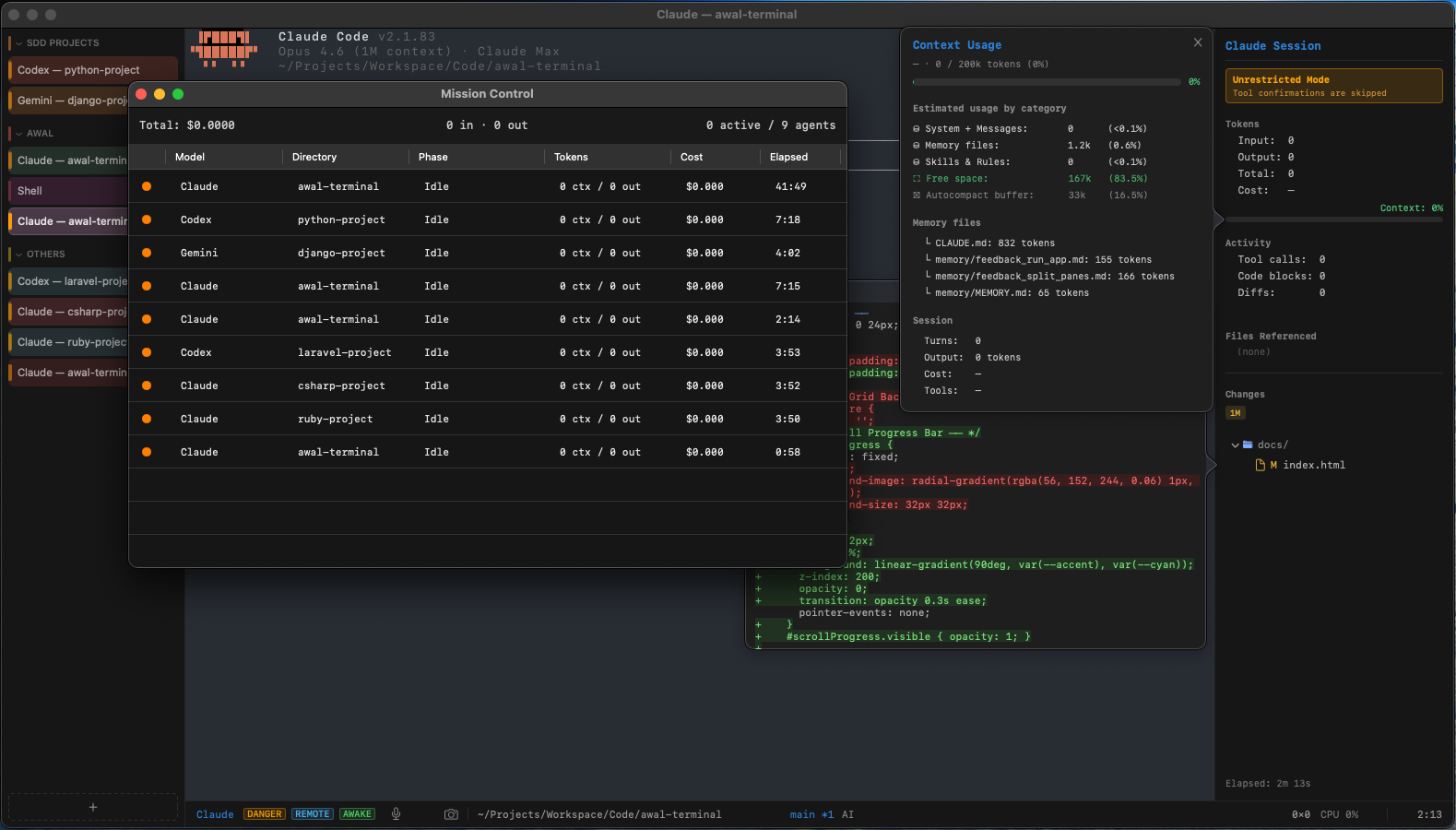 Awal Terminal — Mission Control dashboard